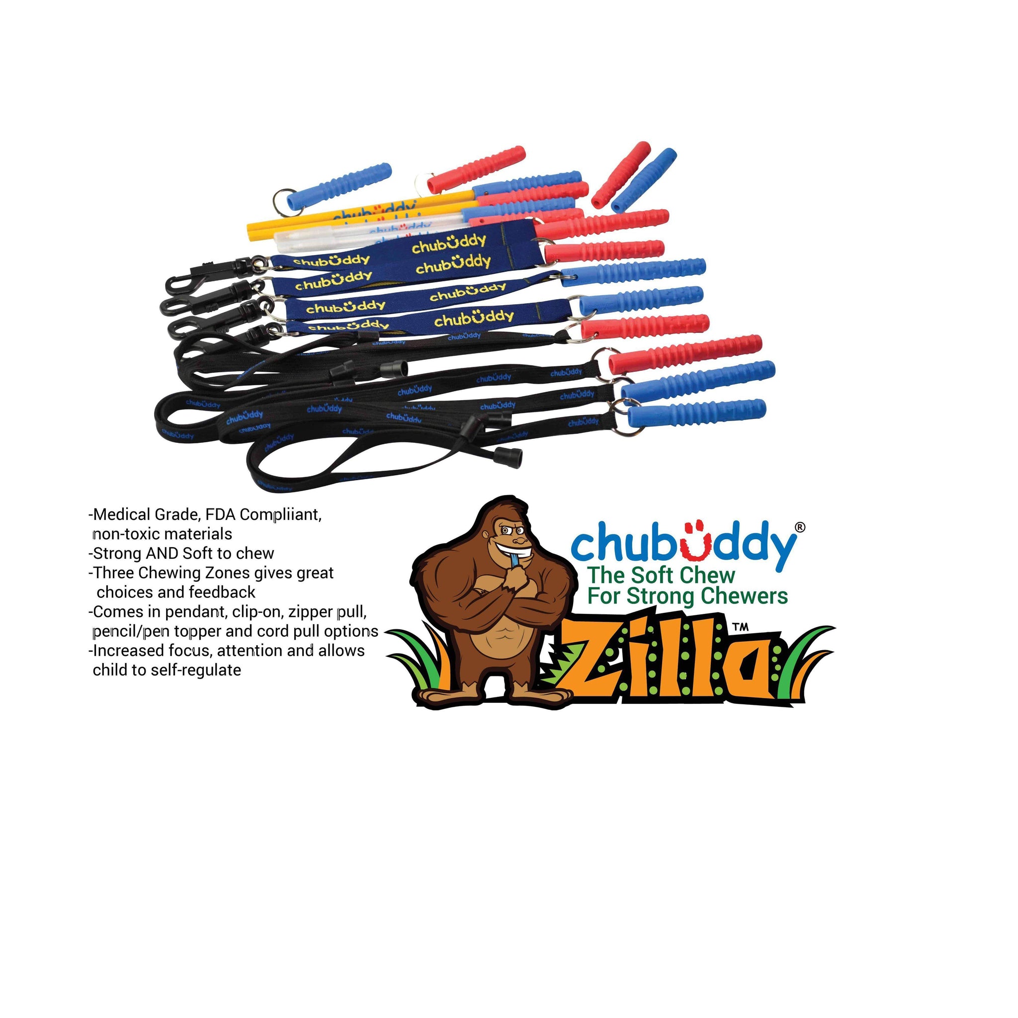 Tube Zilla Jr, Blue On Clip-On  | 70A Durometer Soft | Chew Factor 3.0 Strong | For Smaller Mouths